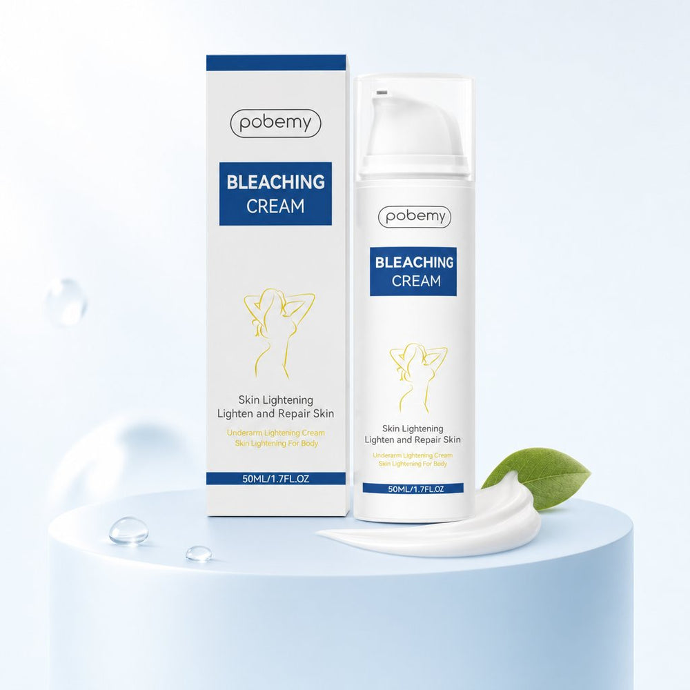 POBEMY Vitamin C Brightening Cream bottle and box on a sky-blue pedestal